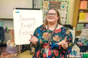 Mary Schmeter's Story, Mary in a classroom.